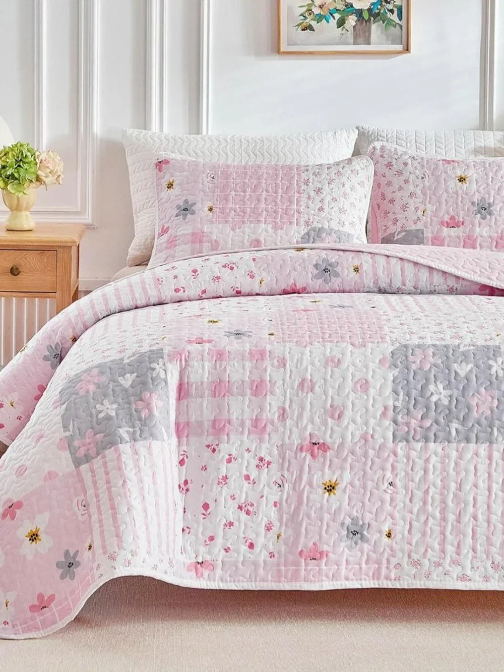 Floral Patchwork Quilt Set Twin Size, 2 Pieces Pink Flower Plaid Bedspread Cover